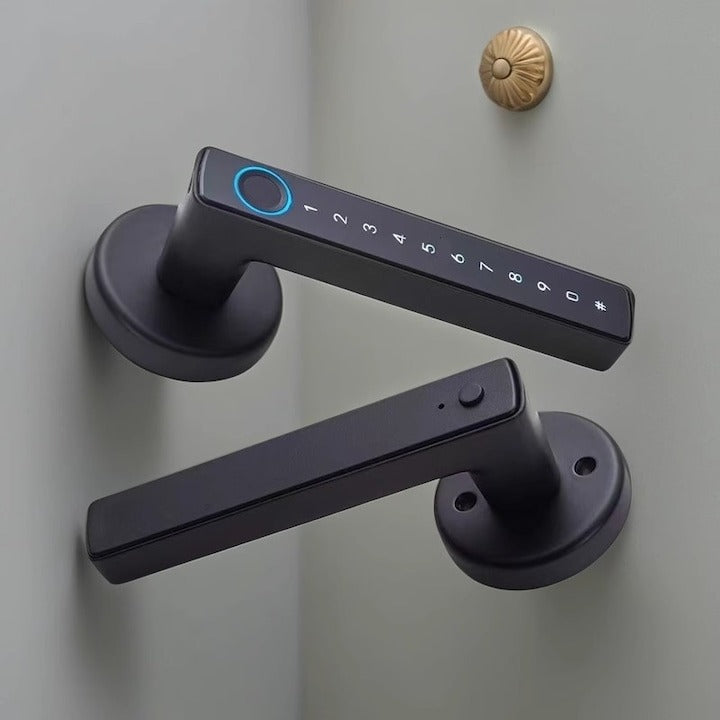 Incuietoare inteligenta Smart – Amprenta, PIN, cheie si aplicație Tuya, Android & iOS, Bluetooth, finisaj aluminiu negru