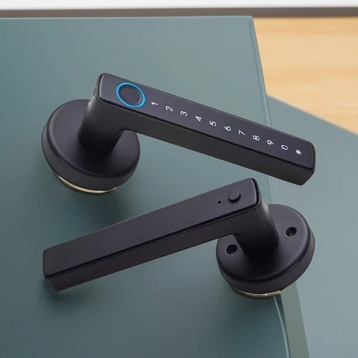 Incuietoare inteligenta Smart – Amprenta, PIN, cheie si aplicație Tuya, Android & iOS, Bluetooth, finisaj aluminiu negru