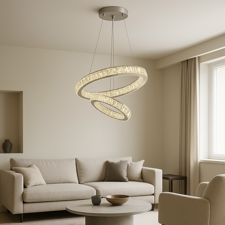Pendul LED cu inele de cristal, 100W, Ø500 + Ø300 mm, înălțime reglabilă 1200 mm, lumină reglabilă 3500 K – 6500 K, telecomandă 2.4 G – model 751-5+3