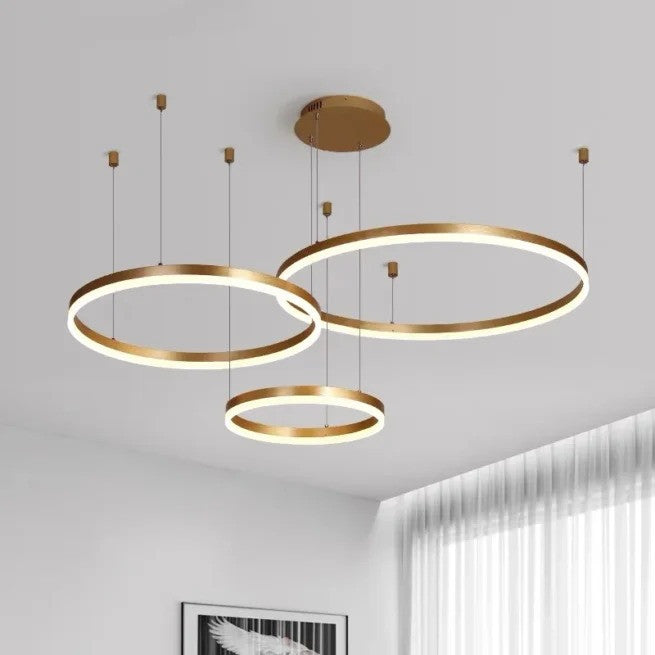 PENDUL LED SUSPENDAT CU 3 INELE, 200W, 2800–6500K, TELECOMANDĂ, DESIGN MODERN AURIU MAT – A16/40+60+80 FG