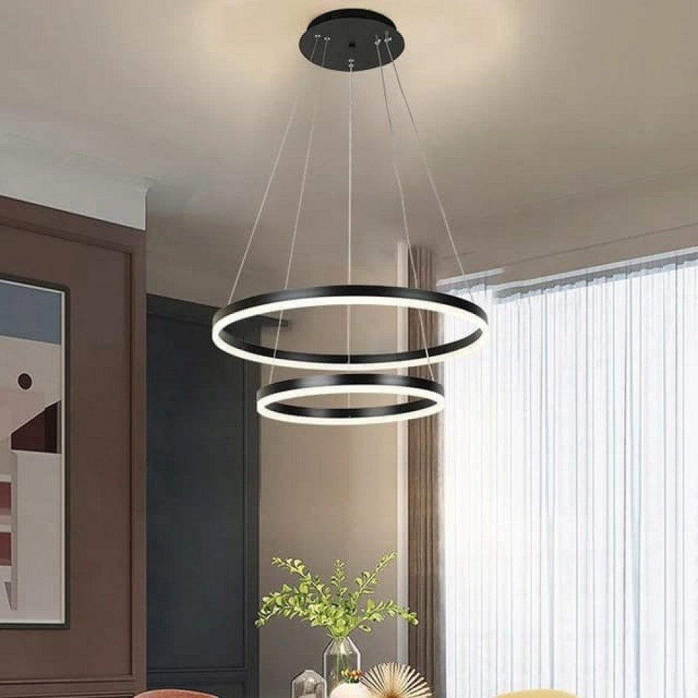 Pendul LED cu 2 cercuri suspendate, 140W, Ø500×H1500 mm, lumină reglabilă 3000K–6500K, telecomandă inclusă, finisaj cafeniu închis (BK)