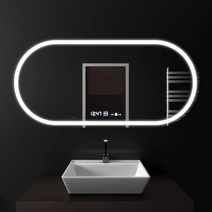 Oglinda LED ovala 80×50 cm cu senzor, dezaburire și ceas digital