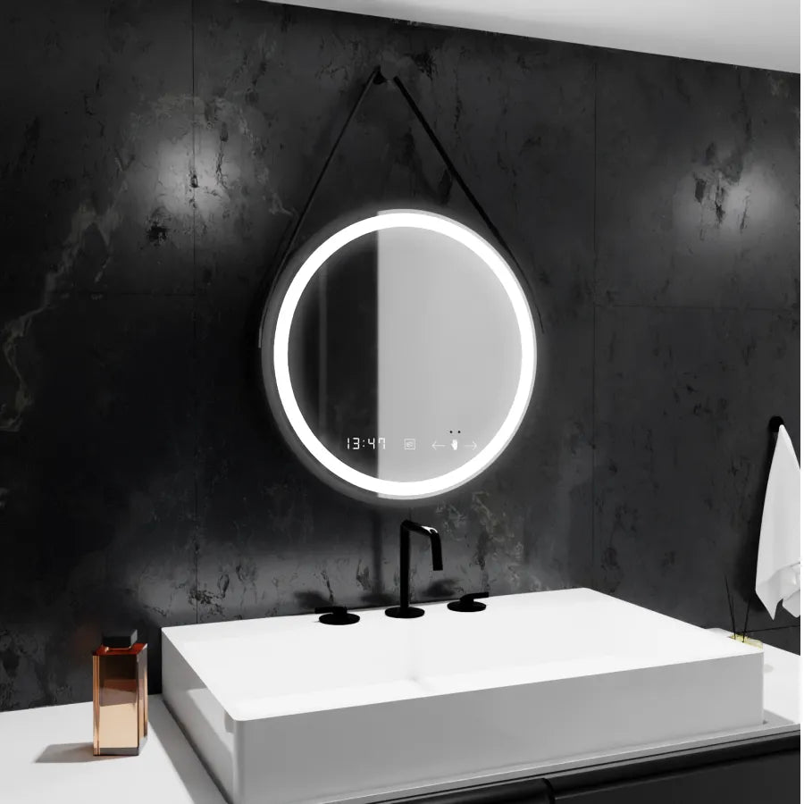 Oglinda LED Touch Colt – 50x50 cm, cu senzor, ceas, temperatură și sistem de dezaburire | Ramă neagră