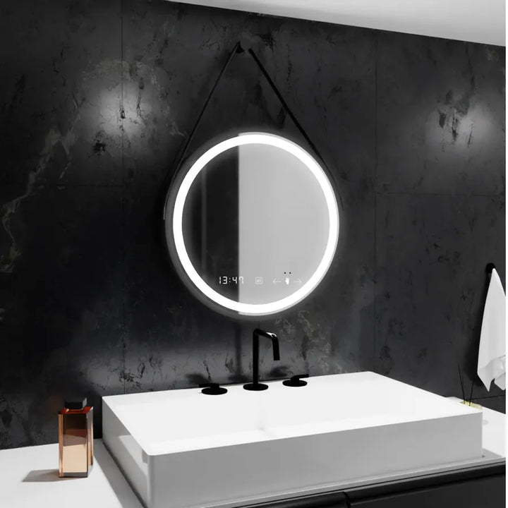 Oglinda LED Touch Colt – 50x50 cm, cu senzor, ceas, temperatură și sistem de dezaburire | Ramă neagră