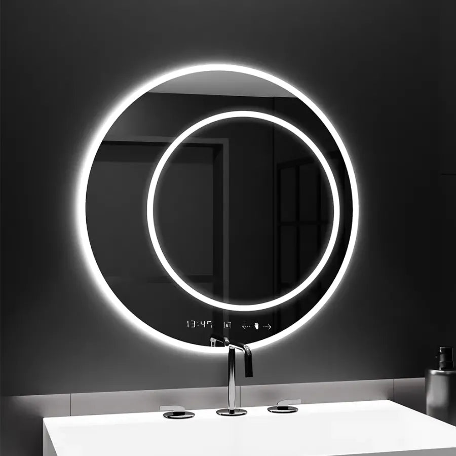 Oglinda LED Touch July – 60x60 cm, cu senzor și sistem de dezaburire | Design dublu inel luminos