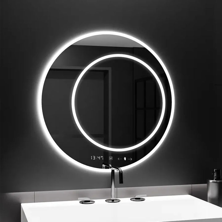 Oglinda LED Touch July – 60x60 cm, cu senzor și sistem de dezaburire | Design dublu inel luminos