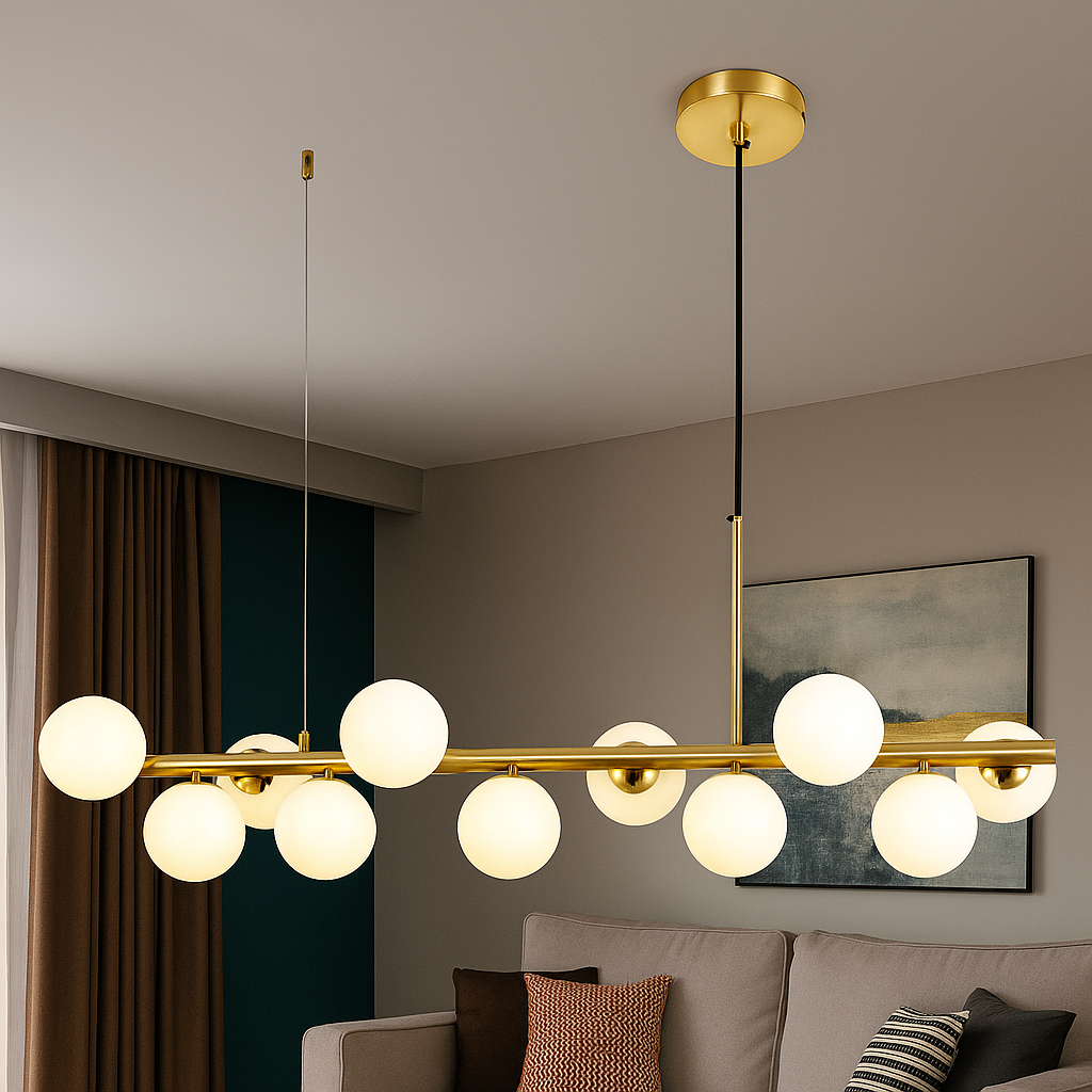 Pendul auriu cu 11 globuri 9560/11GD instalat in living modern, design elegant cu finisaj auriu si becuri G9 LED