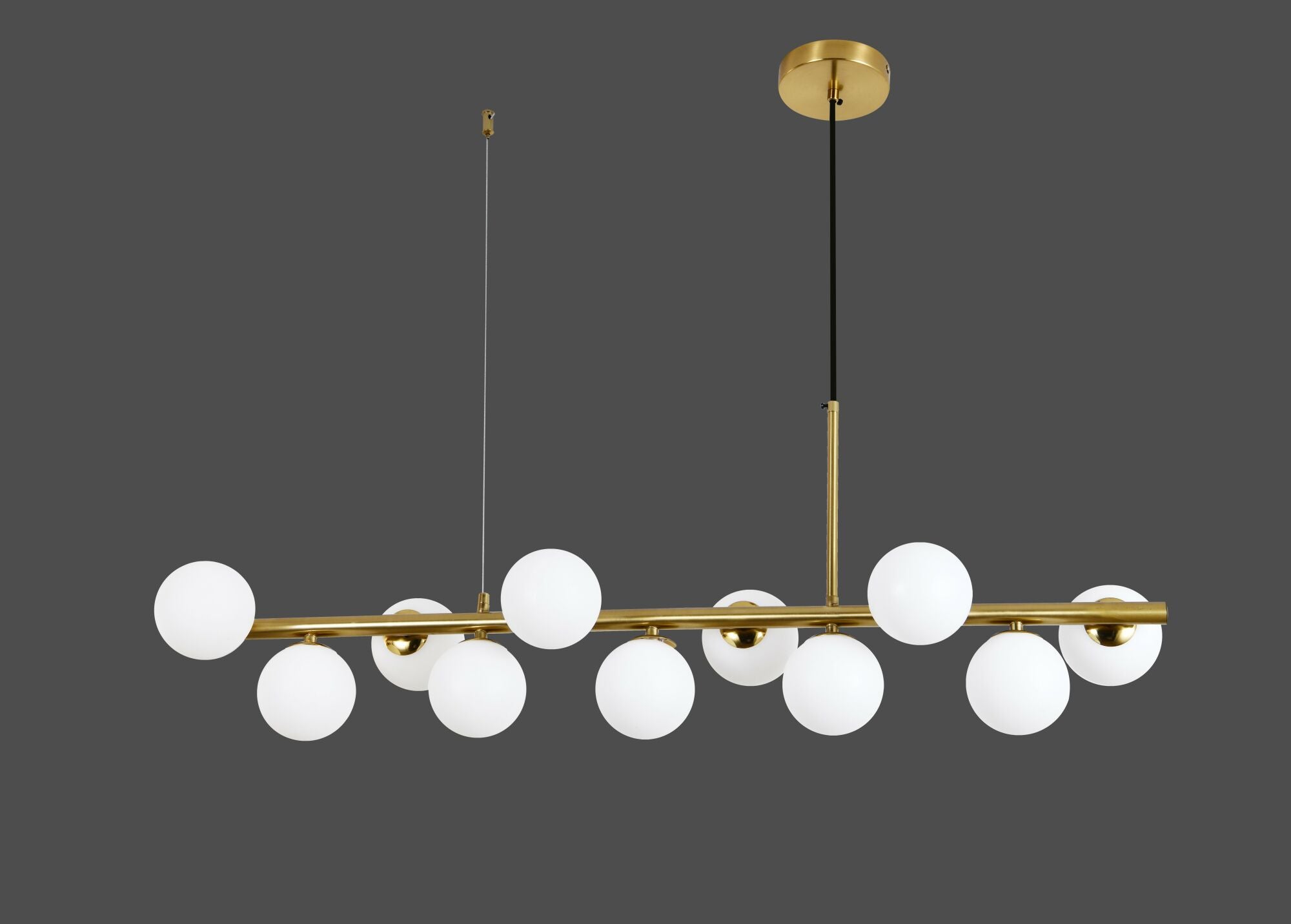 Pendul auriu cu 11 globuri 9560/11GD prezentat pe fundal gri, design modern elegant cu becuri G9 LED