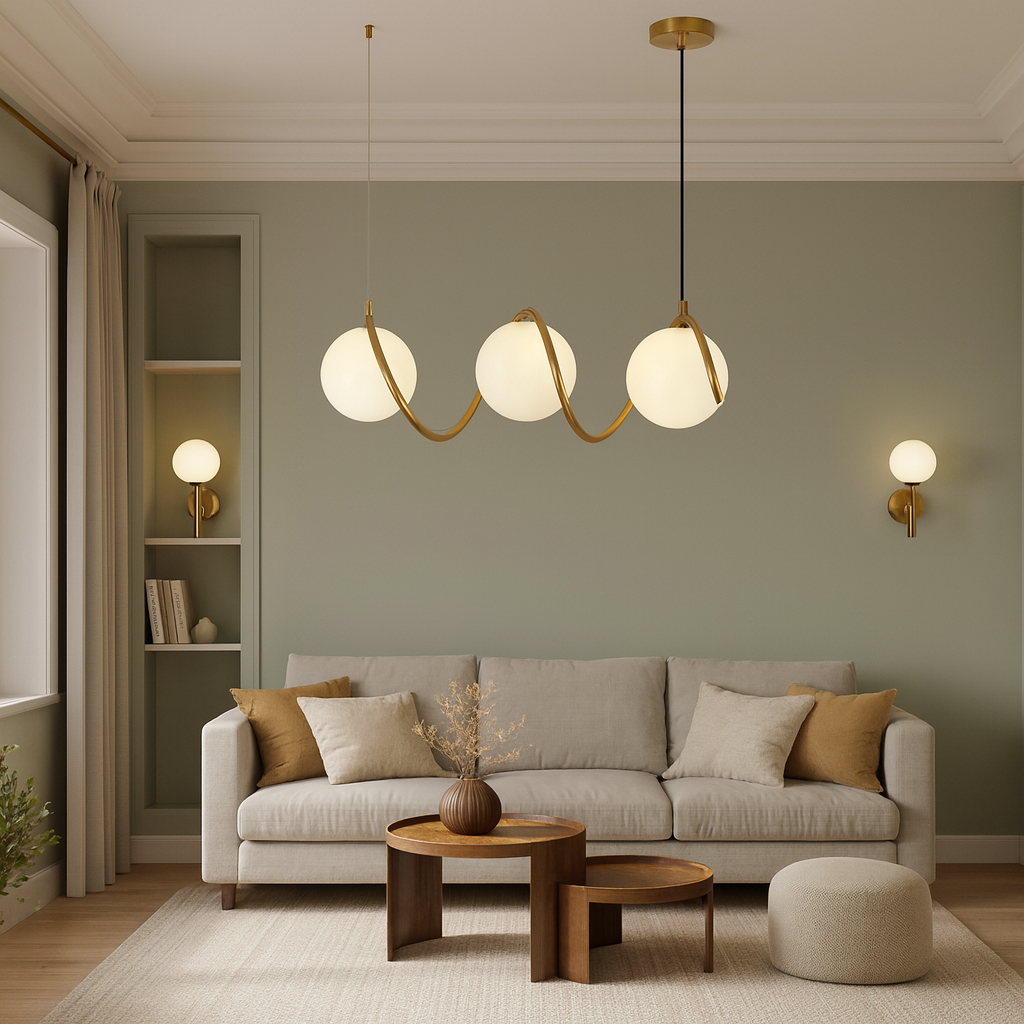 Pendul modern 3 becuri 9852/3 montat in living; abajur alb din plastic si finisaj auriu, design modern cu becuri G9