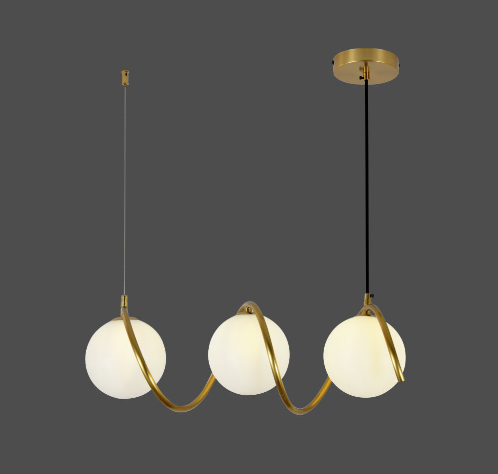 Pendul modern 3 becuri 9852/3 pe fundal gri; design in forma de spirala cu finisaj auriu si abajur din plastic alb, becuri G9