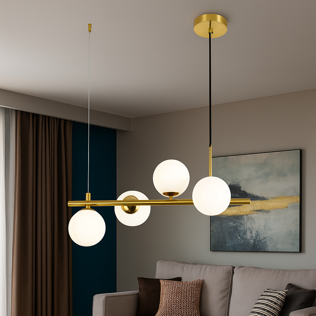 Pendul auriu cu 4 globuri 9560/4GD montat in living modern, finisaj auriu satinat si becuri G9 LED