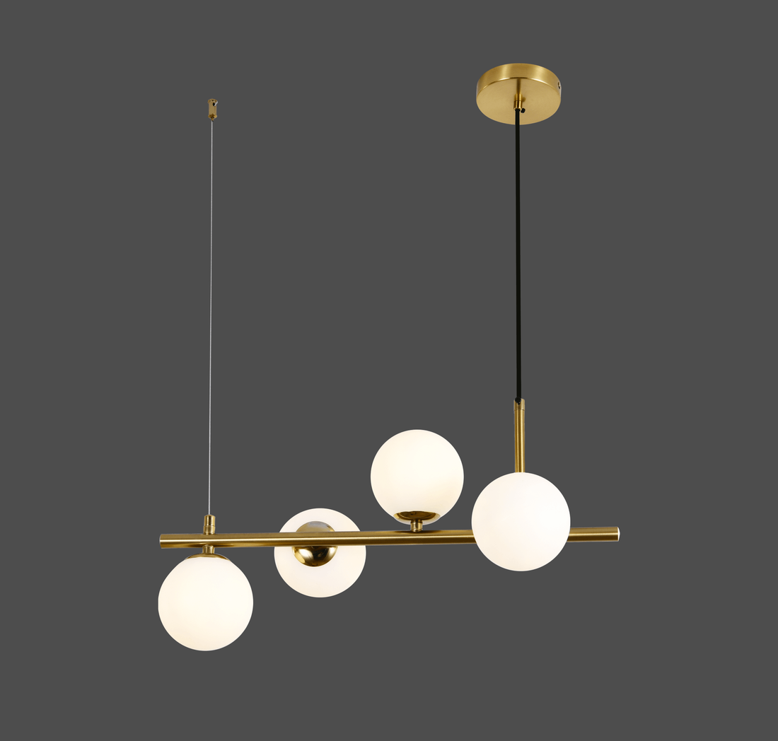 Pendul auriu cu 4 globuri 9560/4GD prezentat pe fundal gri, design modern cu finisaj auriu satinat si becuri G9 LED