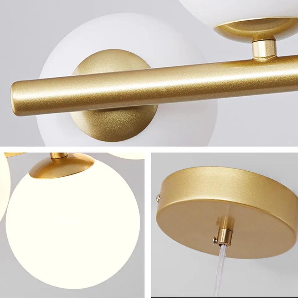Detalii pendul auriu cu 7 globuri 9560/7GD: finisaj auriu satinat, globuri din plastic mat, structura metalica si suport plafon