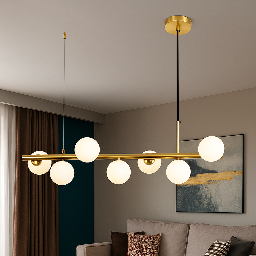 Pendul auriu cu 7 globuri 9560/7GD instalat in living modern, design elegant cu finisaj auriu si becuri G9 LED