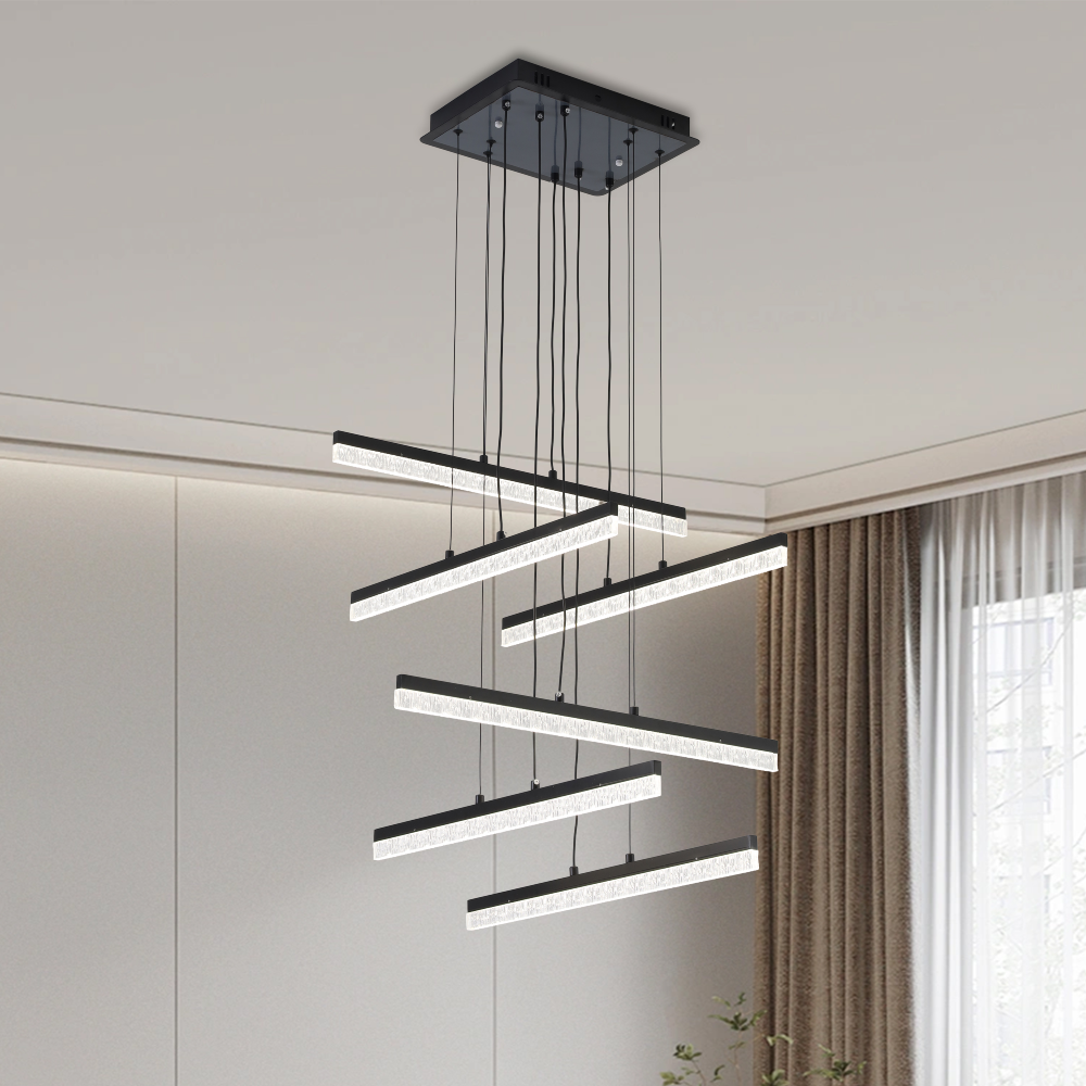 Pendul LED modern 2819/6 BK cu 6 brățe, design geometric negru, telecomandă 144W, instalat în living
