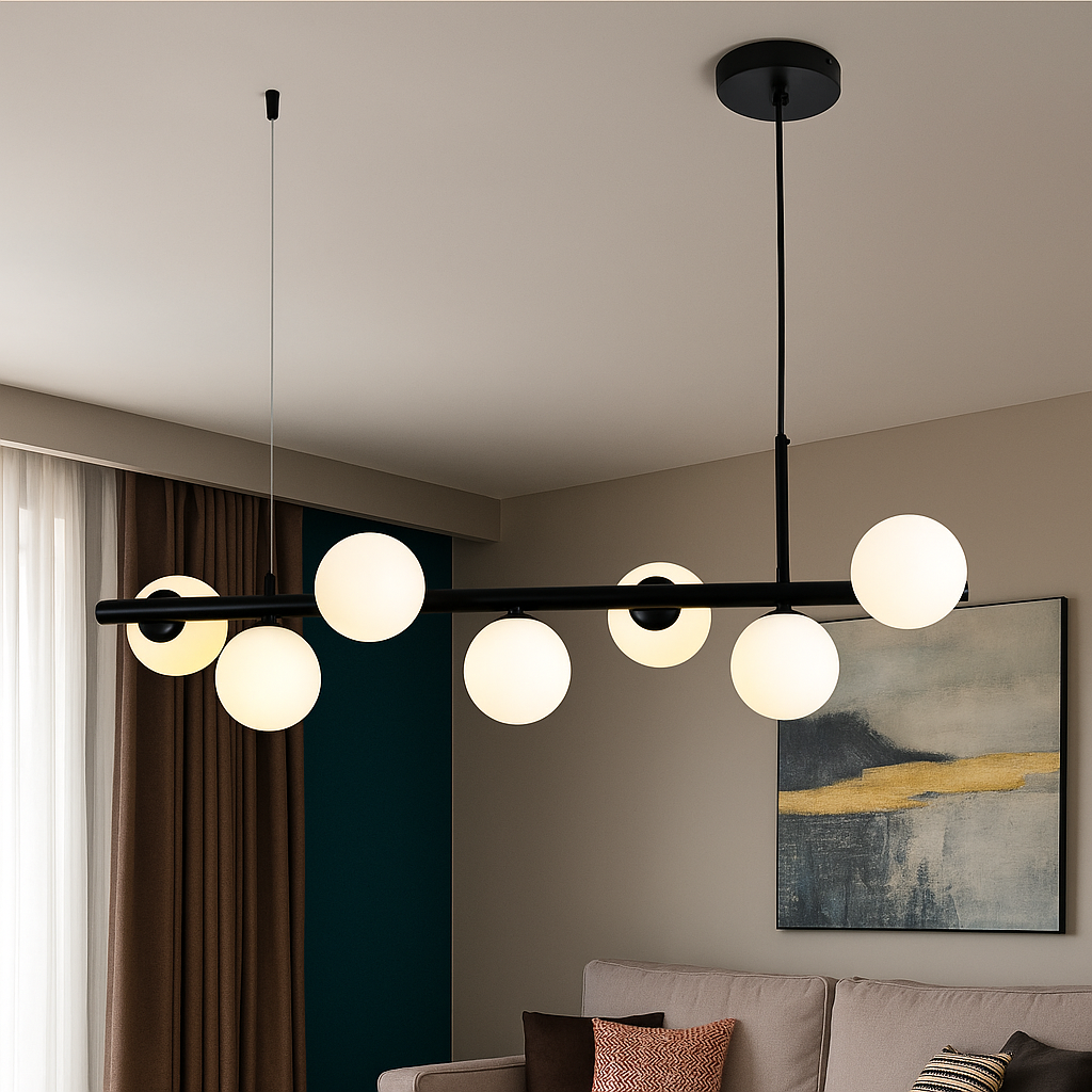 Pendul negru cu 7 globuri 9560/7BK instalat in living modern; design geometric, finisaj negru mat, becuri G9 LED